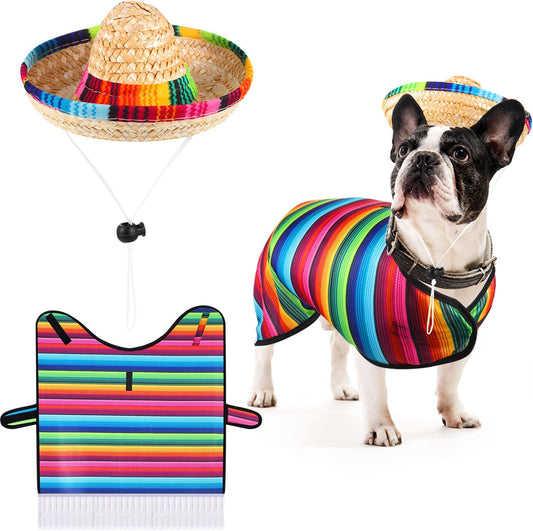 Dog Sombrero Hat Pet Serape Poncho Costume Multicolor Funny Dog Costume Adjustable Sombrero Costume Mexican Dog Poncho Straw Hat Chihuahua Clothes for Mexican Party Decorations (M)